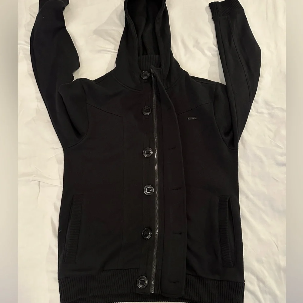Guess button down sweater with zipper, black, size small, worn twice